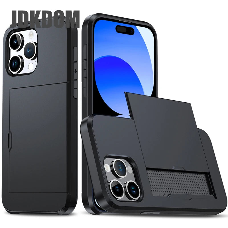 Slide Card Slot Wallet Phone Case for Iphone 16 15 14 plus 13 12 Mini 11 Pro Max Shockproof Card Bag Cover for Iphone 16E