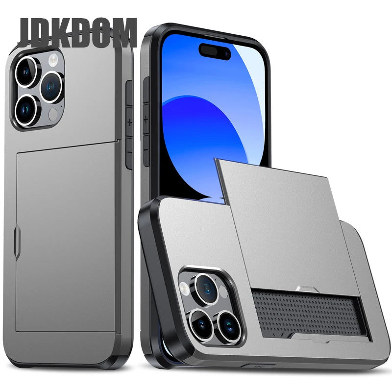 Slide Card Slot Wallet Phone Case for Iphone 16 15 14 plus 13 12 Mini 11 Pro Max Shockproof Card Bag Cover for Iphone 16E
