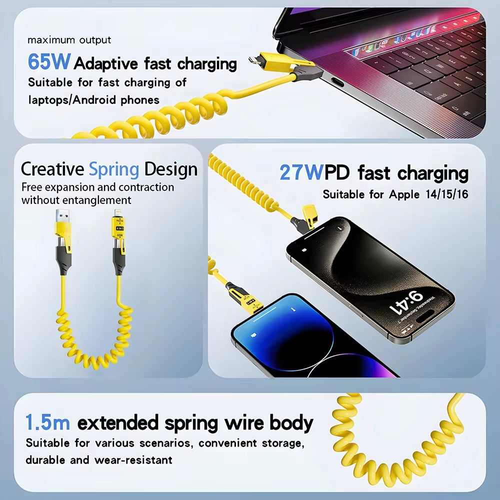 65W 6A Spring Coiled USB-C Cable 4-In-1 Fast Charging for Iphone 16 15 14 13 12 Pro Max Samsung Multi-Device Durable Cord
