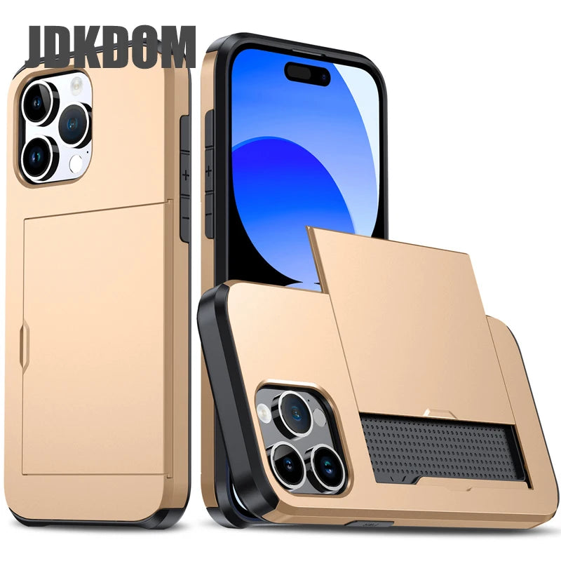 Slide Card Slot Wallet Phone Case for Iphone 16 15 14 plus 13 12 Mini 11 Pro Max Shockproof Card Bag Cover for Iphone 16E
