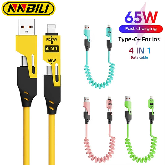 65W 6A Spring Coiled USB-C Cable 4-In-1 Fast Charging for Iphone 16 15 14 13 12 Pro Max Samsung Multi-Device Durable Cord
