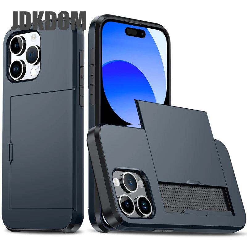 Slide Card Slot Wallet Phone Case for Iphone 16 15 14 plus 13 12 Mini 11 Pro Max Shockproof Card Bag Cover for Iphone 16E