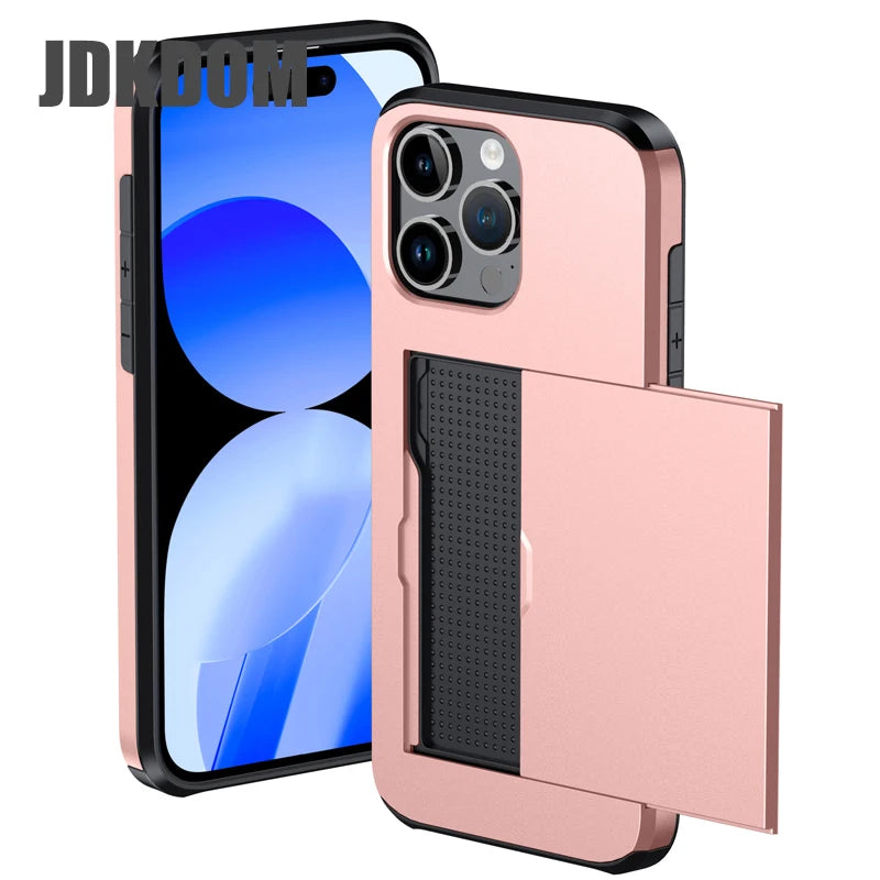 Slide Card Slot Wallet Phone Case for Iphone 16 15 14 plus 13 12 Mini 11 Pro Max Shockproof Card Bag Cover for Iphone 16E
