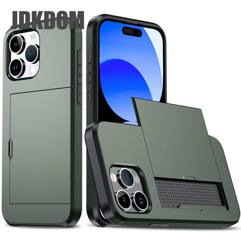Slide Card Slot Wallet Phone Case for Iphone 16 15 14 plus 13 12 Mini 11 Pro Max Shockproof Card Bag Cover for Iphone 16E